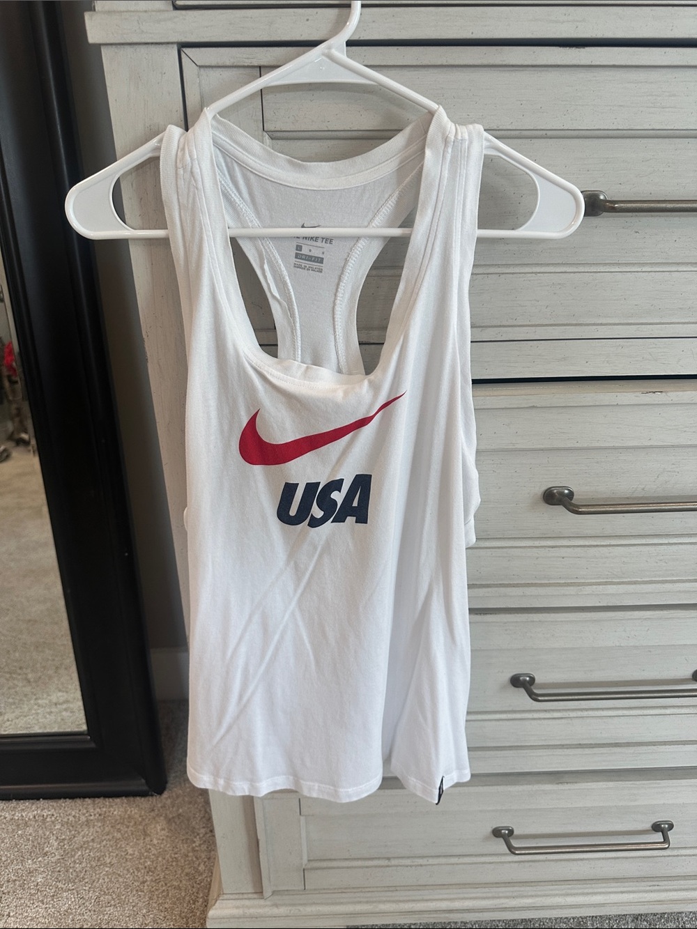 Nike White Racerback Tank with Red Swoosh and Navy USA Graphic